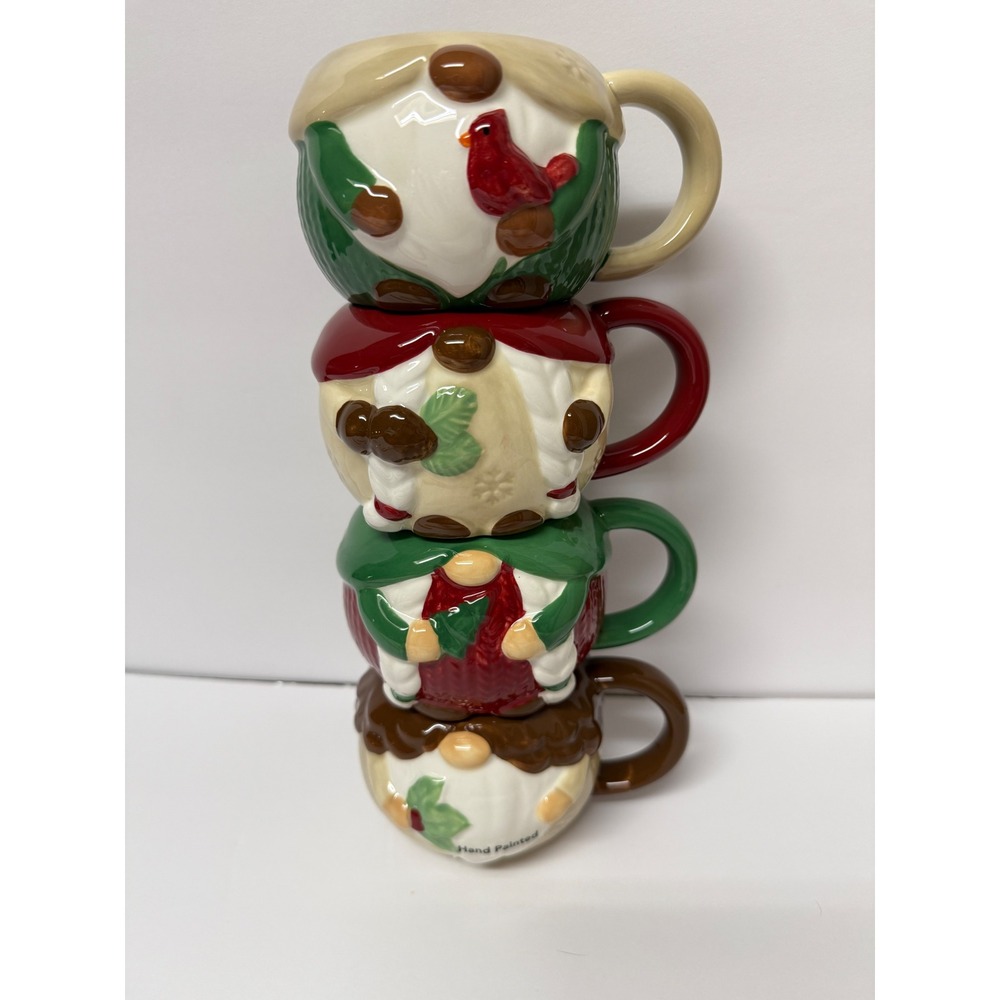 St Nicholas Square Gnome Stackable Mug Set of 4 Ceramic Christmas Holiday Mugs